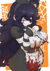 1girl absurdres ahoge alternate_breast_size_(larger) apron arm_warmers bags_under_eyes black_bow black_dress blood blood_on_clothes bloody_knife bloody_weapon bow bow_headband commentary dress english_commentary frilled_apron frills hairband halloween heart hex_maniac hex_maniac_(pokemon) hex_maniac_(pokemon_xy) highres holding holding_knife holding_weapon jaguarsee kitchen_knife knife long_hair looking_at_viewer messy_hair nintendo orange_background partially_shaded_face pokemon pokemon_x_and_y puffy_short_sleeves puffy_sleeves reverse_grip short_sleeves silk smile spider_web striped_arm_warmers waist_apron wavy_mouth weapon white_apron