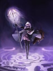2b_(nier_automata) blonde_hair commission embarrassed looking_at_viewer magic magic_circle magical_girl maid maid_uniform panties pantyhose pantyshot sairy sfw sfw_version shield skirt_lift skirt_up staff standing white_hair