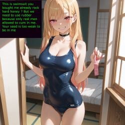 1girls ai_generated asukasslave bed bedroom choker cleavage cuckold cuckold_pov kitagawa_marin netorare netorase school_swimsuit smile solo standing