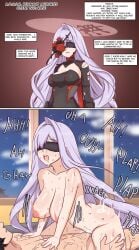1boy 1boy1girl 1girl 2koma abs anime_one_night_stands blindfold blindfolded comic cowgirl_position cum_in_pussy cum_inside dialogue dialogue_box drooling dywtba-alt-universe erect_nipples goddess_of_victory:_nikke gripping_thighs hands_on_another's_chest juto_arigato large_breasts lilac_hair long_hair mouth_open pale-skinned_female riding rose_(nikke) roses sweat swinging_breasts torn_clothes vaginal_penetration vaginal_sex woman_on_top