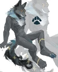1boy abs animal_ears arknights barefoot chain chinese_commentary claws commentary_request completely_nude extra_eyes fangs furry furry_male grin highres kkzi475325 looking_at_viewer male_focus muscular muscular_male navel nipples nude paw_print pawpads pectorals penis sitting smile solo_male sparkle tail white_background wolf_boy wolf_ears wolf_tail wolff_(arknights)