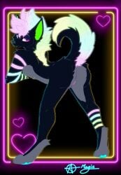 absurd_res anthro arm_support arm_warmers armwear ass_up bedroom_eyes bent_over big_ears black_body black_fur blue_eyes butt canid canine clothing cute_fangs digitigrade eyebrows fangs featureless_chest female freak_magic1369 fur genitals glowing glowing_body glowing_fur grey_body grey_fur heart_symbol heterochromia hi_res leaning leaning_forward leg_wrap long_legs looking_at_viewer looking_back looking_back_at_viewer mammal maned_wolf markings mohawk mostly_nude multicolored_body multicolored_fur narrowed_eyes neon neon_colors neon_lights nude pink_eyes primary_colors raised_eyebrows raised_tail rear_view seductive signature smile solo sparklefur spread_legs spreading striped_markings stripes stryker_(freak_magic1369) suggestive_expression suggestive_pose tail teeth vulva
