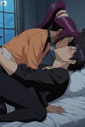 1boy absurdres adult ai_assisted ai_generated big_breasts bleach bleach:_sennen_kessen-hen bleach:_the_thousand-year_blood_war breasts drool_on_face drooling female grabbing_another's_hip heeven highres kiss kissing lying_on_bed male mature patreon patreon_username perfect_body saliva saliva_drip saliva_trail shihouin_yoruichi uncensored yoruichi_shihouin