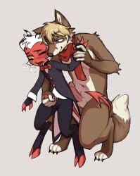 absurd_res anthro canid canine dominant duo fox from_behind_position handjob hellaverse helluva_boss hi_res imp larger_dom male male/male mammal moxxie_(helluva_boss) penile sex size_difference valdis_fox
