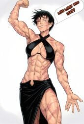 1girls abs absurd_res absurdres ai-generated ai_assisted brown_eyes burn_scar flexing_muscles green_hair halter_top halterneck high_resolution highres jujutsu_kaisen maki_zenin medium_breasts muscular_female one_eye_closed raleu10 scar_on_eye scars_all_over short_hair skirt slit_skirt solo solo_female solo_focus thigh_slit zenin_maki