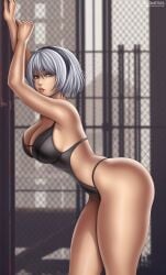 1girls alternate_version_available artist_logo big_breasts black_swimsuit blue_eyes breasts brown_lipstick cleavage curvaceous_female curvy detailed_background female female_only flowerxl hand_on_wall large_breasts looking_at_viewer looking_to_the_side nier nier:_automata seductive_smile short_hair solo swimsuit thick_thighs tiara video_game_character white_hair widescreen yorha_2b