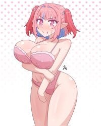 1girl arm_under_breasts blue_hair blush bra breasts cleavage closed_mouth colored_inner_hair demon_girl dotted_background highres huge_breasts itsmario_art kanan-sama_wa_akumade_choroi kanan_(kanan-sama) multicolored_hair navel nervous_smile panties pink_bra pink_eyes pink_hair pink_panties pointy_ears short_hair signature simple_background slit_pupils smile solo stomach sweatdrop underwear