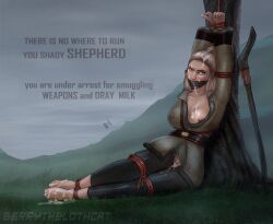 arms_tied arrested berrythelothcat blonde_hair breast_exposed cum cum_in_pussy cum_on_feet cum_on_penis implied_rape legs_tied mouth_gag rape ripped_clothing star_wars star_wars:_andor text_bubble tie_fighter tied_to_tree tied_up vel_sartha