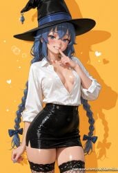 1girl ai_generated bangs black_skirt blue_eyes blue_hair blue_nails blush braid breasts finger_to_mouth fishnet_thighhighs hat kermixx long_hair long_sleeves looking_at_viewer mushoku_tensei orange_background roxy_migurdia shirt skirt smile solo thighhighs thighs twin_braids very_long_hair witch_hat