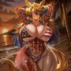 1girl 2026 2d abs absurd_res absurd_resolution absurdres ai_generated american_flag american_flag_bikini american_flag_print animal_ears arm_tattoo armpits arms_behind_head arms_up beach bikini blonde_hair blue_eyes blue_hair breasts cleavage cloud collarbone curvy flag_print grin hair_between_eyes hi_res high_quality high_resolution highres horse_ears horse_girl horse_tail huge_breasts image leg_tattoo long_hair looking_at_viewer multicolored_hair muscular muscular_female navel obey_your_master_(umamusume) ocean outdoors palm_tree patreon patreon_username print_swimsuit sky smile solo stomach_tattoo sun sunset sweat swimsuit tail tan tattoo teeth thick_thighs thighs tree umamusume umamusume_pretty_derby uncensured water watermark wide_hips zeyayelan
