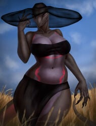 1girls 2025 anthro big_breasts detailed_background eyelashes female female_only furythelisso generation_7_pokemon hat hi_res large_hat looking_at_viewer narrowed_eyes nintendo pink_eyes pokemon pokemon_(species) salazzle sharp_fingernails side_slit slit_pupils solo tail thick_thighs topwear wide_hips