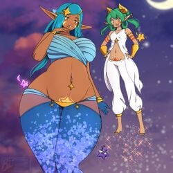 belly curvy elf elf_ears elf_female elves exposed_torso giantess height_difference huge_breasts markings mother_and_daughter petite_body pubic_tattoo purpleguyri riley_moore_(artist) size_difference super_breasts tan_skin tattoo