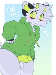 >///< 2026 2_horns anthro balls black_body black_eyebrows black_fur blush blush_lines border bottomless bottomless_anthro bottomless_male cat_smile cheek_tuft chest_tuft closed_smile clothed clothing dialogue dipstick_ears domestic_cat ear_markings english_text erection eyebrows facial_tuft felid feline felis femboy fur genitals gradient_background green_clothing green_eyes green_hoodie green_horn green_nose green_penis green_sclera green_topwear grey_body grey_fur grey_hair grey_inner_ear hair hand_on_hip hi_res hoodie horn humanoid_genitalia humanoid_penis leaning leaning_forward looking_away male mammal markings mouth_closed multicolored_ears ohalphabetboyy partially_clothed penis shy simple_background smile solo standing star tail text topwear tuft white_border white_text