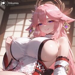 1girl 1girls 2026 2d ai_assisted ai_generated bedroom_eyes big_breasts blush blush_lines blushing boobs boobs_bigger_than_head breasts breasts_bigger_than_head clothed clothing curvaceous curvy curvy_body curvy_female curvy_figure genshin_impact hoyoverse huge_breasts indoor indoors inkumis large_breasts light-skinned_female light_skin mihoyo perfect_body perfect_boobs playful playful_smile pose posing posing_for_the_viewer pulling_clothing seductive_look seductive_pose seductive_smile sexy sexy_body sexy_clothing sexy_female sideboob skinny teasing teasing_viewer voluptuous voluptuous_body voluptuous_female yae_miko yae_miko_(genshin_impact)