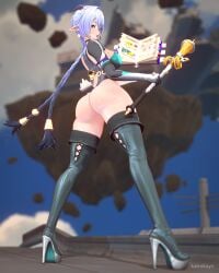 3d ass ass_focus blue_hair goat goat_girl hazeker heels horn horns huge_ass kairokayn legwear_only light-skinned_female lucia_elowen pointy_ears smiling tagme tail thiren zenless_zone_zero