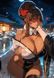 1girl ai_assisted ai_generated bangs bare_shoulders black_legwear blush breasts brown_eyes brown_hair cleavage curvaceous curvy curvy_female curvy_figure dark-skinned_female dark_skin female flower goddess_of_victory:_nikke hair_flower hair_ornament heart huge_breasts long_hair looking_at_viewer miyuai moon night night_sky noir_(nikke) off_shoulder plump pout skindentation sky solo star_(sky) starry_sky sweat tan tanline thick thick_ass thick_butt thick_hips thick_legs thick_thighs thighhighs thighs voluptuous voluptuous_female water wet wide_hips wide_thighs