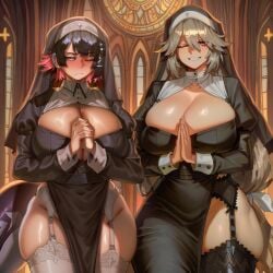 2026 2d 2girls absurd_res absurd_resolution absurdres ai_generated alexandrina_sebastiane black_dress black_hair blush breasts church cleavage cross dress earrings ellen_joe garter_belt grey_hair grin habit hi_res high_quality high_resolution highres huge_breasts image jewelry long_hair long_sleeves looking_at_viewer mole multicolored_hair multiple_girls nun one_eye_closed own_hands_clasped own_hands_together patreon patreon_username pelvic_curtain piercing pink_hair red_eyes short_hair skindentation smile tail teeth thick_thighs thighhighs thighs uncensured watermark white_thighhighs zenless_zone_zero zeyayelan