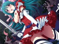 1girl 2000s_(style) :o aqua_hair ayahime_kurumi blue_hair blush breasts breasts_out censored dress elbow_gloves game_asset gloves green_hair hair_ribbon large_breasts lemmtear_theta long_hair magical_girl mahou_senshi_(series) mahou_senshi_lemmtear_knights monster mosaic_censoring night nipples no_panties non-web_source official_art open_mouth outdoors purple_eyes pussy ribbon saitou_natsuki self-datamine skirt solo sword thighhighs tongue variant_set visual_novel_cg weapon