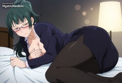 1girl ai_generated anime anime_style artist_name ass bed bed_sheet black_jacket black_pantyhose blush breasts brown_eyes cleavage closed_mouth collarbone covering_breasts covering_privates formal glasses green_hair hentai hi_res indoors jacket jujutsu_kaisen lamp large_breasts long_hair long_sleeves looking_at_viewer lying maki_zenin medium_breasts mystic_maidens on_bed on_side pantyhose patreon patreon_username pencil_skirt ponytail semi-rimless_eyewear shirt skirt solo suit white_shirt zenin_maki