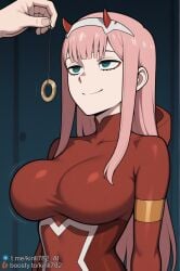 1girl 1girls ai_generated aqua_eyes bodysuit boosty_username breasts closed_mouth coin coin_on_string covered_navel dark_blue_background darling_in_the_franxx eyeshadow female gold_armband green_eyes hairband horns hypnosis kirill782 large_breasts long_hair makeup mind_control motion_lines pink_hair red_bodysuit red_horns simple_background skin_tight smile solo_focus stable_diffusion telegram_username upper_body watermark white_hairband zero_two_(darling_in_the_franxx)