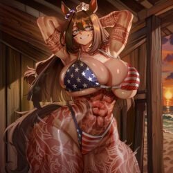 1girl 2026 2d abs absurd_res absurd_resolution absurdres ai_generated american_flag american_flag_bikini american_flag_print animal_ears armpits arms_behind_head arms_up beach bikini blue_eyes breasts brown_hair cleavage curvy dark-skinned_female dark_skin el_condor_pasa_(umamusume) flag_print grin hair_between_eyes hi_res high_quality high_resolution highres horse_ears horse_girl horse_tail huge_breasts image long_hair looking_at_viewer mask muscular muscular_female navel patreon patreon_username print_swimsuit smile solo sunset swimsuit tail tan tattoo thick_thighs thighs umamusume umamusume_pretty_derby uncensured watermark zeyayelan