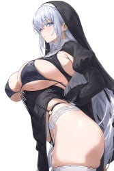 bikini blue_eyes blush breasts cleavage cross dress earrings garter_straps guchico_(guchico77) jewelry large_breasts long_hair nun o-ring original pelvic_curtain revealing_clothes sideboob sidelocks solo thighhighs