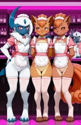 2026 3girls absol ai_generated annoyed annoyed_expression anthro apron bar_(place) blue_eyes blushing bottomless bottomless_female brown_eyes digitigrade embarrassed female female_only flat_chest generation_1_pokemon generation_3_pokemon hand_on_hip hand_on_shoulder hands_behind_back hi_res horn indoors innie_pussy multiple_girls pokemon pokemon_(species) pose posing pussy red_eyes thighhighs vulpix waitress waitress_uniform white_fur zonoya_(artist)