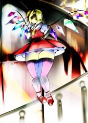 blonde_hair epion989 flandre_scarlet high_heels light_rays pantyshot portrait red_eyes stairs striped_underwear thick_thighs thighhighs touhou underwear upskirt wide_hips window