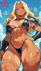 1girl abs ai_generated amazonian amile armor armored_female barely_clothed big_breasts bikini_armor black_thong blonde blonde-haired_female blonde_female blonde_hair bracers breasts cameltoe curly_hair dark-skinned_female earrings female female_focus female_only from_below girl gold_earrings green_eyes hand_on_hip jorgecarlosai long_hair looking_at_viewer metal_armor muscular muscular_female navel sexy sexy_body sexy_female sexy_pose shoulder_pads sideboob tattoo tattoo_on_legs thighs thong toned toned_female watermark