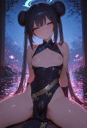 ai_generated bangs black_hair blue_archive blue_eyes blushing boobs_out buns china_dress gloves hair_bun halo hips kisaki_(blue_archive) leaning_back liltigerx long_bangs moonlight night_sky open_clothes pond pussy pussy_lips pussy_visible_through_clothes sakura_petals sitting small_breasts small_nipples smaller_female smiling smiling_at_viewer spread_legs spreading thick_thighs