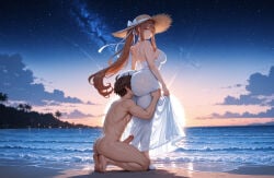 1boy 1girl ai_assisted ai_generated bangs bare_shoulders barefoot beach black_hair breasts brown_hair cloud curvaceous curvy curvy_female curvy_figure doki_doki_literature_club female green_eyes hair_ribbon hair_rings hat hat_ribbon horizon kneeling large_breasts long_hair miyuai monika_(doki_doki_literature_club) mountain night night_sky ocean outdoors ponytail ribbon sand see-through shooting_star shore sky smile star_(sky) starry_sky sun_hat sunset thick thick_ass thick_butt thick_hips thick_legs thick_thighs voluptuous voluptuous_female water white_dress wide_hips wide_thighs