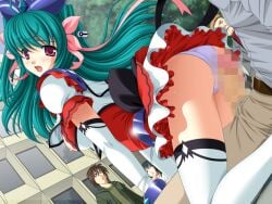 1girl 2000s_(style) 4boys :o ass ayahime_kurumi blush bow breasts censored elbow_gloves game_asset gloves green_hair hair_ribbon hetero imminent_penetration imminent_rape large_breasts lemmtear_theta long_hair magical_girl mahou_senshi_(series) mahou_senshi_lemmtear_knights mosaic_censoring multiple_boys nipples non-web_source official_art open_mouth outdoors panties parted_lips penis public_indecency purple_eyes ribbon saitou_natsuki self-datamine skirt solo_focus thighhighs underwear variant_set visual_novel_cg white_panties