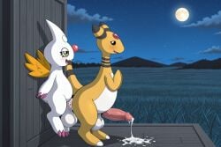 2_toes 3_fingers absurd_res ai_generated ampharos anal anal_penetration animal_genitalia anthro anthro_on_anthro anthro_penetrated anthro_penetrating anthro_penetrating_anthro balls bandai_namco belly big_balls big_penis biped black_eyes black_markings black_sclera blush blush_lines bodily_fluids butt claws cloud crossover cum cum_in_ass cum_inside cum_on_body cum_on_butt cum_on_ground cum_on_penis cupimon digimon digimon_(species) duo eyelashes fangs feet fingers flying generation_2_pokemon genital_fluids genitals grass green_eyes half-closed_eyes hi_res horn huge_balls huge_penis long_tail looking_at_another looking_at_partner male male/male male_penetrated male_penetrating male_penetrating_male markings moutain narrowed_eyes night nintendo open_mouth open_smile paws penetration penile penile_penetration penis penis_in_ass pink_claws plains plant pokemon pokemon_(species) sex sheath short_tail smile smiling_at_partner tail teeth toe_claws toes white_belly white_body wings yellow_body yellow_wings yiff_ai_(director)