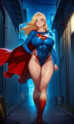 1girl ai_generated blonde_hair blue_eyes cape erect_nipples hand_on_hip kara_zor-el kryptonian long_hair massive_breasts nipples_visible_through_clothing s00bai standing supergirl superheroine superman_(series)