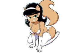 1girl absurdres animal_ears animal_nose artist_request bare_shoulders big_breasts bikini black_hair breasts cat_ears cat_girl cat_tail cleavage collarbone elbow_gloves furry furry_female gloves green_eyes hair_ornament hairband highres kitty_katswell kneeling looking_at_viewer medium_breasts nickelodeon smile solo swimsuit t.u.f.f._puppy tail thighhighs white_background white_bikini white_gloves white_hairband white_thighhighs