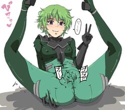 ass ass_grab blush bodysuit cameltoe clothed_masturbation clothing discreet_vibrator erect_nipples erect_nipples_under_clothes green_hair gundam gundam_00 hilling_care insertion masturbation nipples purple_eyes pussy_plug short_hair sima skin_tight smile spread_legs sweat translation_request v vaginal_penetration vibrator vibrator_under_clothes