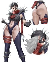 1girls absurd_res ass black_lipstick black_sclera carlx945380 hi_res long_hair looking_at_viewer malice_(marvel) marvel multiple_views navel red_eyes simple_background sue_storm thong_leotard twitter_username white_background white_hair