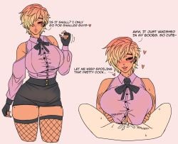 1boy 1boy1girl 1girl 1girls big_boobs big_breasts big_thighs blonde blonde-haired_female blonde_female blonde_hair blush blushing breasts brown_eyes dark-skinned_female dark_skin demon_dog dyed_hair english english_commentary english_dialogue english_text engulfing_paizuri fishnet_legwear fishnet_thighhighs fishnets gyaru hair_over_one_eye large_breasts large_thighs light-skinned_male light_skin lips lipstick paizuri paizuri_lead_by_female paizuri_on_lap paizuri_under_clothes patreon patreon_link patreon_url pencil_skirt skirt small_penis small_penis_adoration smile thick thick_thighs thigh_gap thigh_highs thighhighs thighs titfuck titfuck_under_clothes