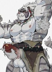 1boy abs afk_(series) afk_journey animal_ears bara blush clenched_teeth commentary cum disembodied_hand disembodied_head ejaculation english_commentary erection furry furry_male highres kordan_(afk) looking_at_viewer male_focus muscular muscular_male nipples pectorals penis ponytail recon_(aquaticrecon) scar scar_on_face scar_on_mouth sweat tail teeth testicles tiger_boy tiger_ears tiger_stripes tiger_tail white_background