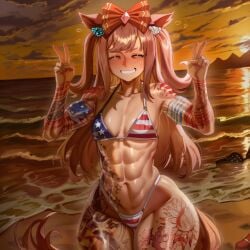 1girl 2026 2d abs absurd_res absurd_resolution absurdres agnes_digital_(umamusume) ai_generated american_flag_bikini animal_ears beach bikini blush bow breasts closed_eyes collarbone cosplay double_v flag_print hair_bow hi_res high_quality high_resolution highres horse_ears horse_girl horse_tail image long_hair muscular muscular_female navel ocean outdoors patreon patreon_username pink_hair sky small_breasts smiling solo sunset swimsuit tail tattoo toned umamusume umamusume_pretty_derby uncensured v watermark zeyayelan