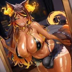 1girl 2026 2d absurd_res absurd_resolution absurdres ai_generated animal_ears bikini black_bikini blonde_hair blush bracelet breasts brown_hair bulge cleavage collarbone dark-skinned_female dark_skin denim denim_shorts erection erection_under_clothes futanari grin hi_res high_quality high_resolution highres image jewelry large_breasts long_hair looking_at_viewer multicolored_hair navel orange_hair patreon patreon_username short_shorts shorts side-tie_bikini_bottom sinder_(vtuber) smile solo spikes streaked_hair swimsuit tail tan uncensured virtual_youtuber watermark wolf_ears wolf_girl wolf_tail yellow_eyes zeyayelan