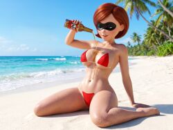 ai_generated beach beer beer_on_breast big_breasts bikini black_mask brown_hair cleavage disney domino_mask duff_beer elastigirl female helen_parr horny_face kneeling large_breasts micro_bikini milf mommy mother ocean pixar red_bikini short_hair smile solo squatting summer sunny tagme the_incredibles the_incredibles_2 tropical_beach