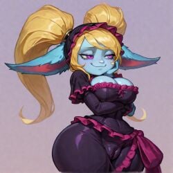 ai_generated breast_window cleavage cleavage_cutout cleavage_focus large_breasts league_of_legends overlord_(maruyama) poppy_(league_of_legends) pussy_bulge shalltear_bloodfallen_(cosplay) tight_dress yordle