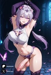 1futa 1girl :d ai_generated armpits arms_up big_breasts black_gloves bound breasts bug butterfly castorice castorice_(honkai:_star_rail) cleavage clothing clothing_aside cock colored cowboy_shot crop_top dick elbow_gloves elf erection flower from_front front_view futa_only futanari futanari/female futanarization gloves grey_hair hair_flower hair_ornament honkai:_star_rail honkai_star_rail jewelry large_breasts light_skin light_skinned_futanari long_hair looking_at_viewer low_twintails midriff naked naked_futa naked_futanari navel nickythecreator nude nude_futa nude_futanari oiled_skin open_mouth panties penis petals pointy_ears precum purple_bra purple_eyes purple_gloves purple_hair purple_panties purple_thighhighs sexy sexy_body sexy_pose shiny_skin shirt skindentation sleeveless sleeveless_shirt smile solo standing stomach sweat sweatdrop sweating teeth testicles thighhighs thighs tits twintails uncensored underwear veiny_penis white_shirt