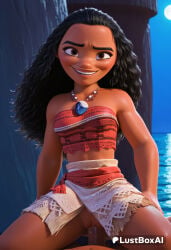 1boy 1boy1girl 1girls ai_generated black_hair breasts brown_eyes cowgirl_position dark-skinned_female dark_skin disney disney_princess female forehead girl_on_top grin hetero hi_res interracial jewelry long_hair looking_at_viewer lustboxai moana moana_2 moana_waialiki necklace no_panties ocean outdoors penis pov pussy sex skirt smile solo_focus straddling strapless tube_top uncensored vaginal vaginal_penetration vaginal_sex
