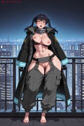 1girl ai_generated bangs barefoot black_coat black_gloves black_hair blush breasts building city coat collar en'en_no_shouboutai exhibitionism eyebrows_visible_through_hair full_body gloves hi_res high_quality high_resolution kiraamane large_breasts long_hair looking_at_viewer navel night nipples open_coat open_mouth outdoors pants patreon pussy seductive sexy skyscraper solo standing swimsuit tamaki_kotatsu twintails uncensored watermark yellow_eyes