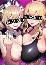 2girls ai_generated barbara_(genshin_impact) big_breasts blacked blonde_hair female_only genshin_impact hoyoverse identity_censor jean_gunnhildr middle_finger mihoyo ponytail queen_of_spades sisters tattoo tattoo_on_chest twintails
