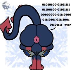 1:1 anthro anus armor backsack balls big_butt binary_code blue_body blue_fur butt canid canine fox_becket fubuki_wtac fur genitals hi_res machine male mammal pink_anus praise_da_booty_(meme) presenting presenting_hindquarters protogen red_body red_fur solo