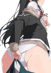 1girl ass black_hair blush breasts brown_cardigan cardigan cardigan_under_jacket censored clothes_pull commentary_request from_behind hair_ribbon head_out_of_frame highres jacket long_hair morisobo mosaic_censoring nipples perky_breasts plaid_clothes plaid_skirt pussy red_ribbon ribbon school_uniform shirt simple_background skirt skirt_pull small_breasts sobu_high_school_uniform solo thighhighs thighs white_background winter_uniform yahari_ore_no_seishun_lovecome_wa_machigatteiru. yukinoshita_yukino