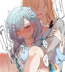 2girls bang_dream! bang_dream!_it's_mygo!!!!! blonde_hair blue_hair blue_shirt blue_skirt blush braid closed_mouth commentary_request ear_blush fingering grey_jacket gyaru hair_ornament hairclip highres jacket long_hair medium_hair misumi_uika multiple_girls one_eye_closed open_mouth orange_eyes plaid_clothes plaid_skirt pleated_skirt protected_link rhapsode shirt simple_background single_braid skirt togawa_sakiko translation_request white_background yuri